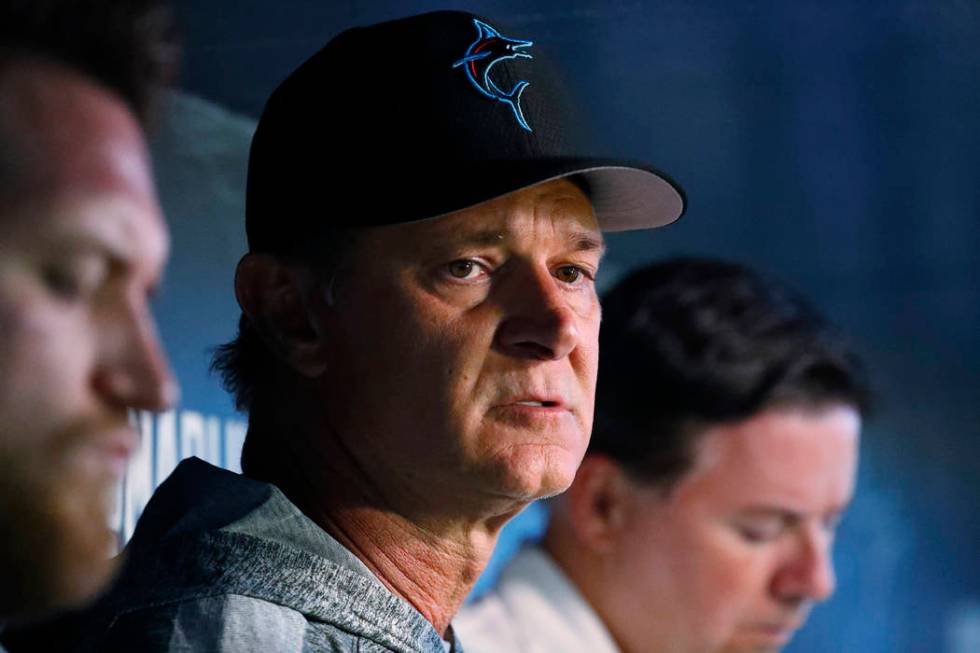 Miami Marlins manager Don Mattingly speaks to members of the media before the start of a baseba ...