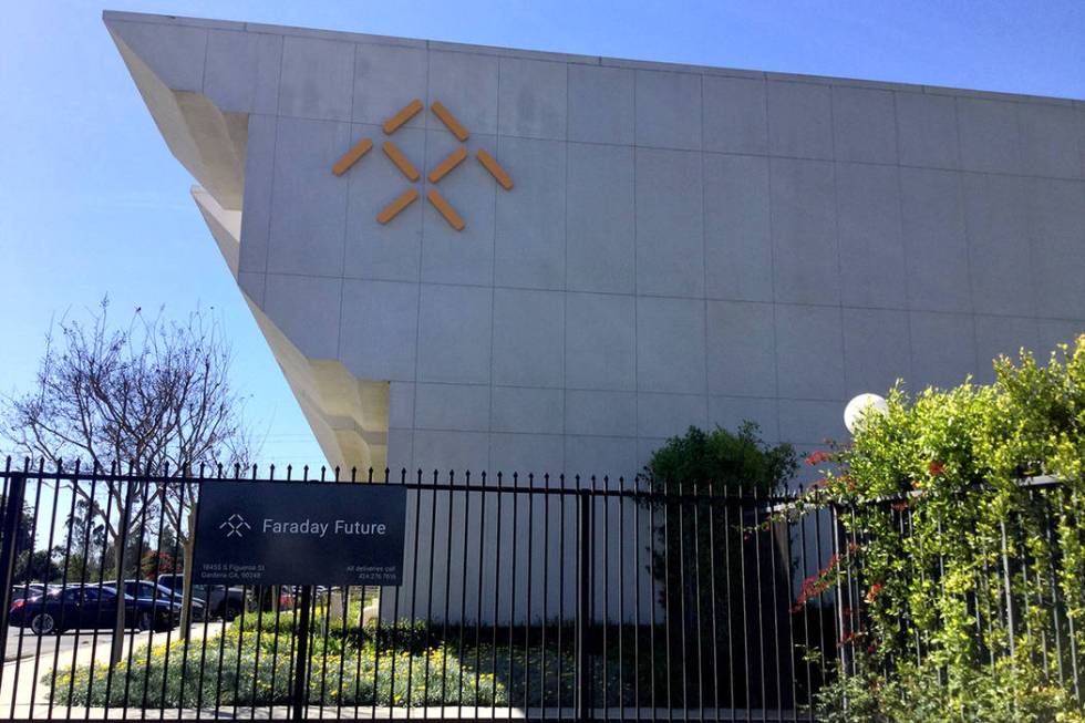 The entrance to Faraday Future's main facility in Gardena, Calif. is seen Thursday, March 23, 2 ...