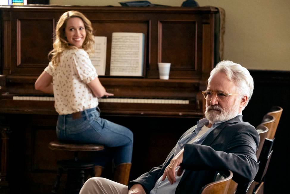 Anna Camp plays Ginny and Bradley Whitford is Arthur Cochran in "Perfect Harmony" on NBC. (Just ...