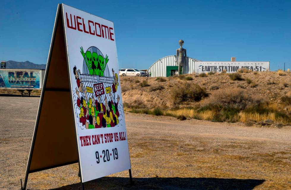 Welcome sign is out front for the Area 51 Basecamp festival at the Alien Research Center on Wed ...