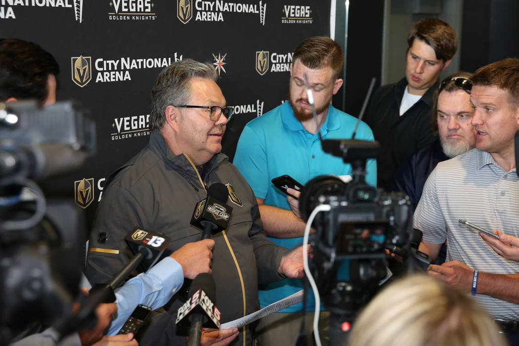 Kelly McCrimmon, Golden Knights general manager, speaks to the media at City National Arena on ...