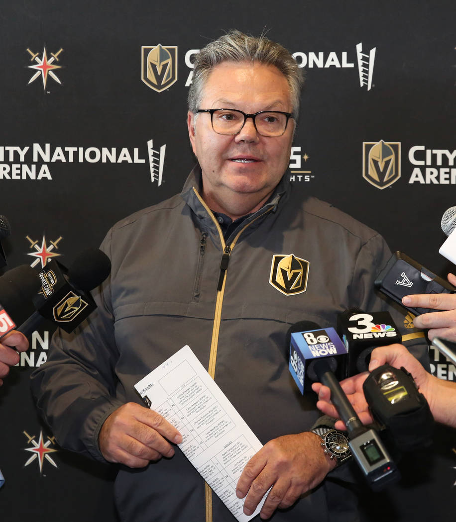 Kelly McCrimmon, Golden Knights general manager, speaks to the media at City National Arena on ...