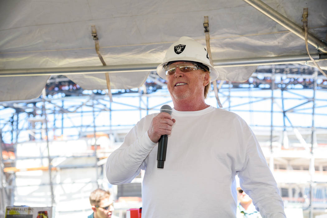 Raiders owner Mark Davis speaks during a lunch prepared by Levy, the team's newly announced foo ...