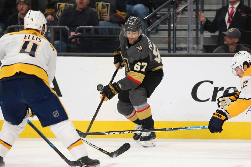 Vegas Golden Knights left wing Max Pacioretty (67) works to control the puck against Nashville ...