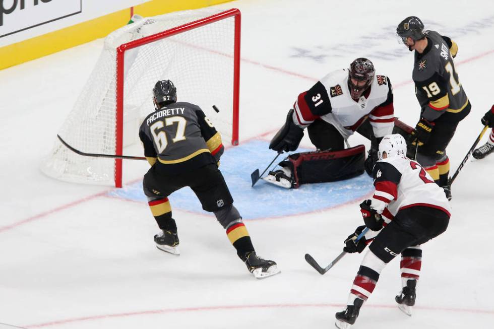 Vegas Golden Knights left wing Max Pacioretty (67) shoots for a score and a hat-trick against A ...