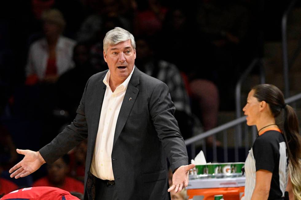 Las Vegas Aces coach Bill Laimbeer gestures next to an official during the second half of Game ...