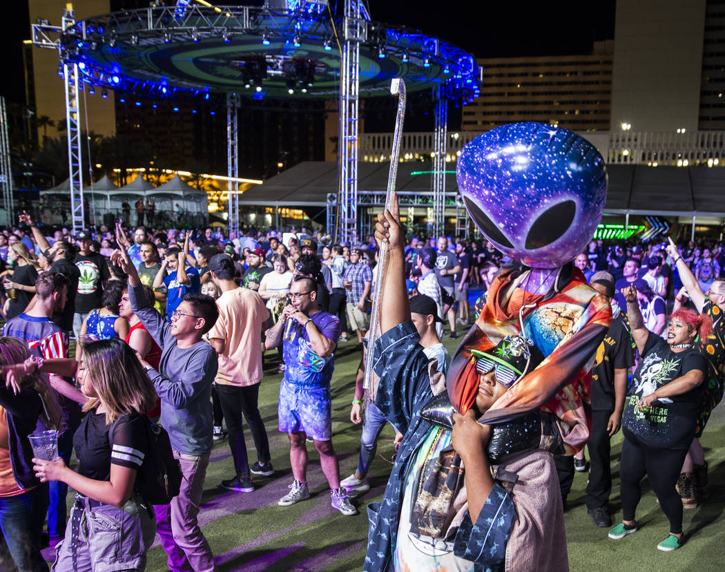 Attendees dance to TYPE3 during the Area 51 Celebration on Thursday, Sept. 19, 2019, at Downtow ...