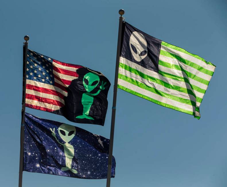 Alien flags fly from an RV during the Alienstock festival on Friday, Sept. 20, 2019 in Rachel, ...