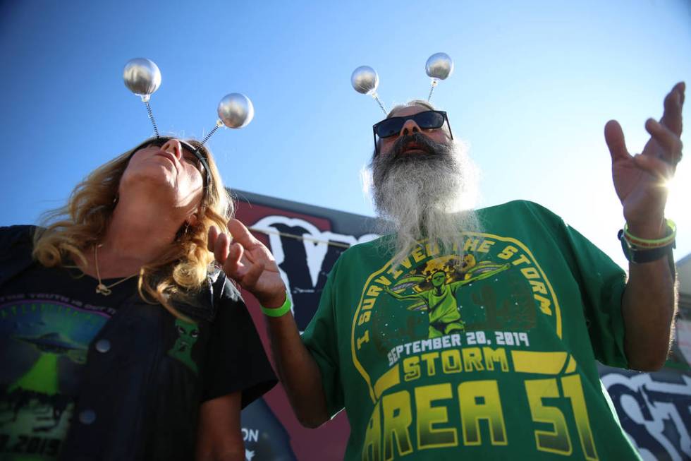 Trip Barrios, left, with her husband Jess, of Las Vegas, attend the Alien Basecamp alien festiv ...