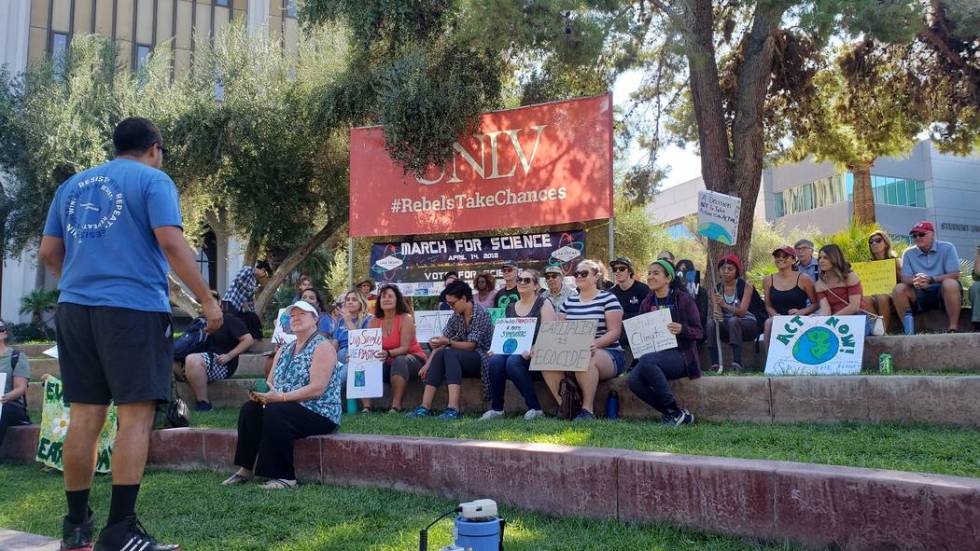 A crowd of about three dozen people gathered at UNLV's Alumni Ampitheatre on Sept. 20 as part o ...