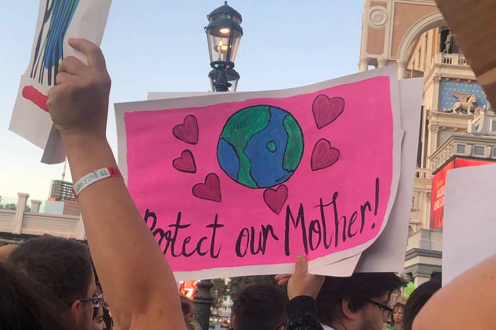 A protester’s sign reads “Protect our Mother” as more than 100 people protest Friday, Sep ...