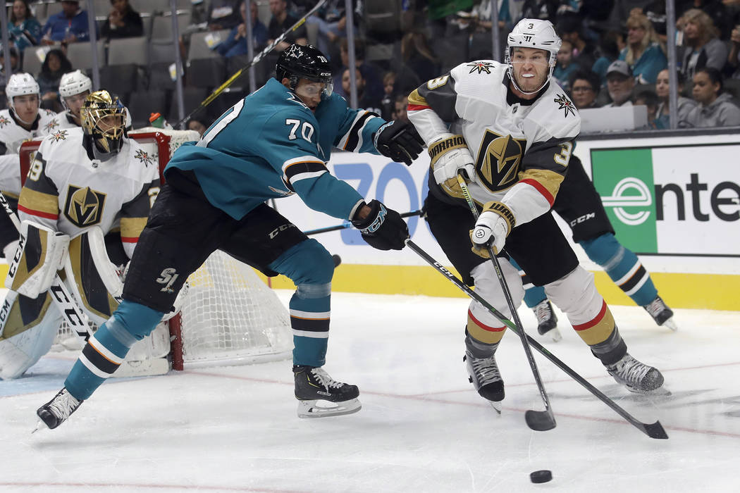 Vegas Golden Knights defenseman Brayden McNabb (3) skates against San Jose Sharks center Alexan ...