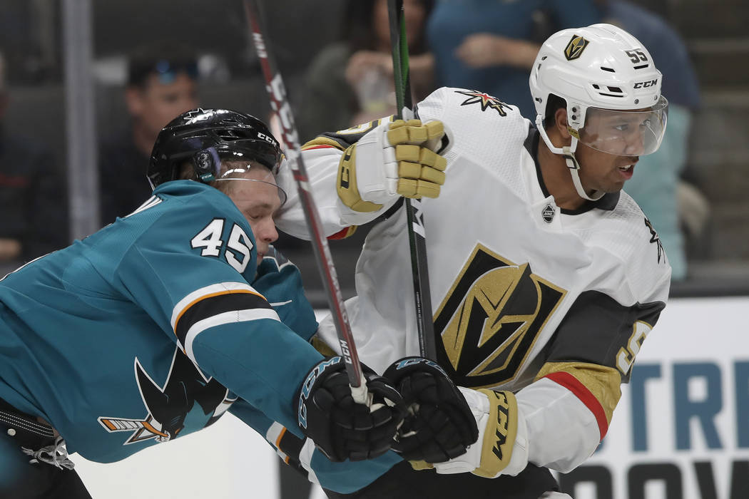 Vegas Golden Knights right wing Keegan Kolesar (55) skates in front of San Jose Sharks' Lean Be ...