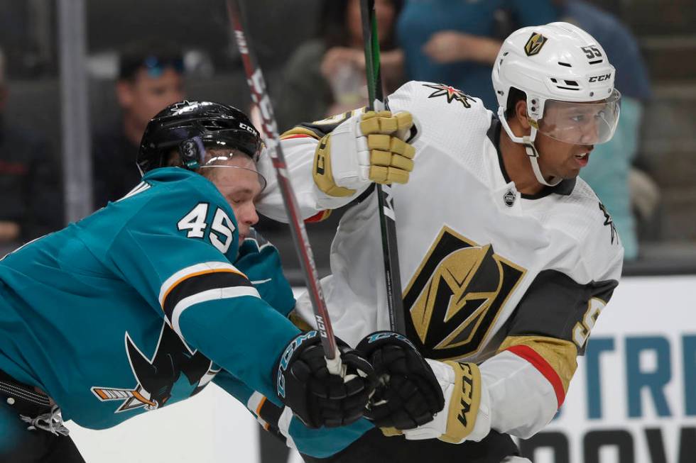 Vegas Golden Knights right wing Keegan Kolesar (55) skates in front of San Jose Sharks' Lean Be ...