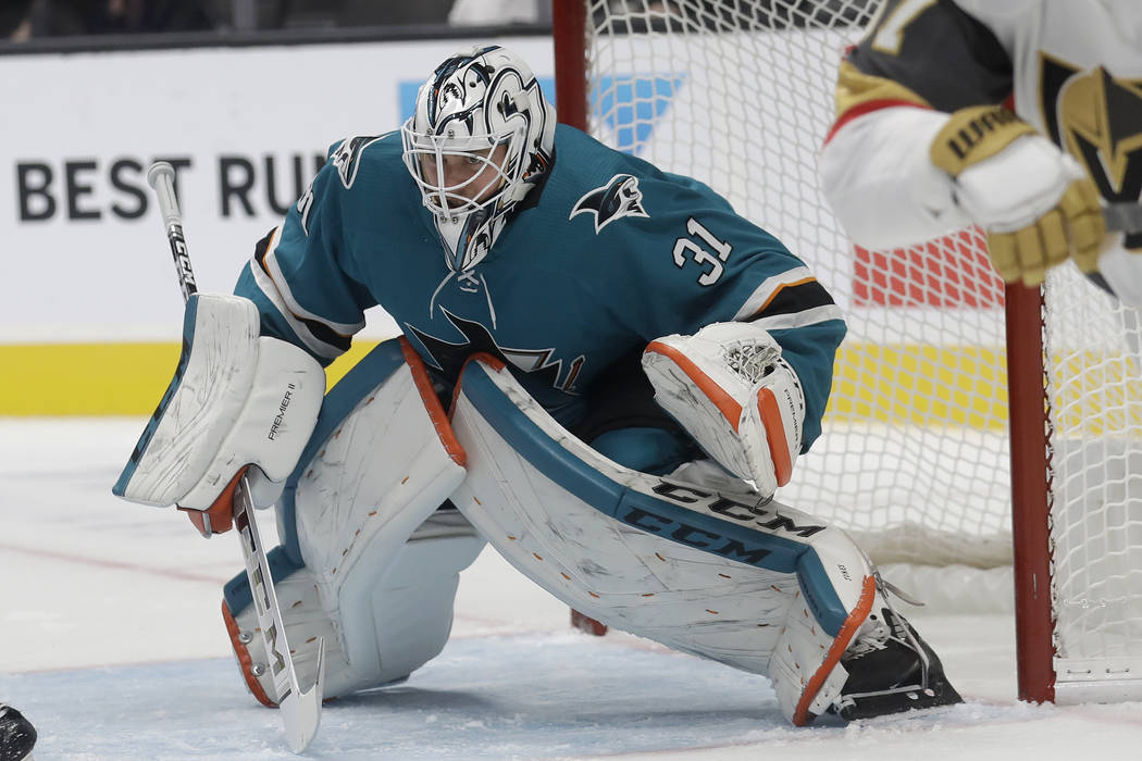 San Jose Sharks goaltender Martin Jones (31) defends his net during the second period of an NHL ...