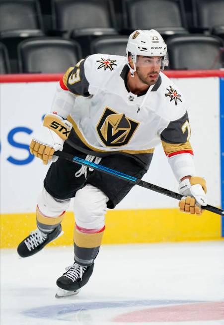 Vegas Golden Knights center Brandon Pirri skates during warm-ups before the start of a preseaso ...