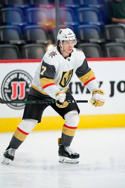 Vegas Golden Knights left wing Valentin Zykov skates during warm-ups before the start of a pres ...