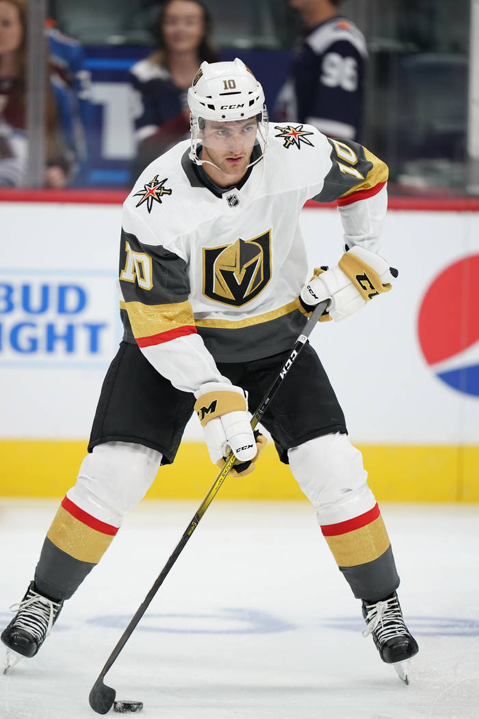 Vegas Golden Knights center Nicolas Roy skates during warm-ups before the start of a preseason ...