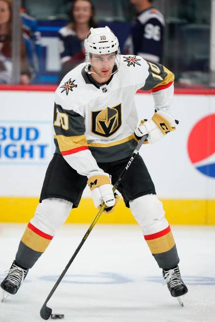 Vegas Golden Knights center Nicolas Roy skates during warm-ups before the start of a preseason ...