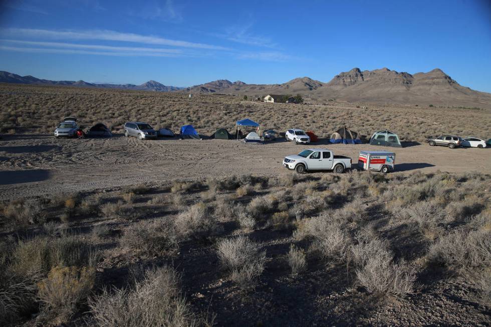 People camp inside the Alien Basecamp alien festival at the Alien Research Center in Hiko, Nev. ...