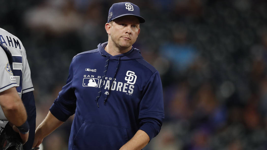 San Diego Padres manager Andy Green (14) in the eighth inning of a baseball game Friday, Sept. ...