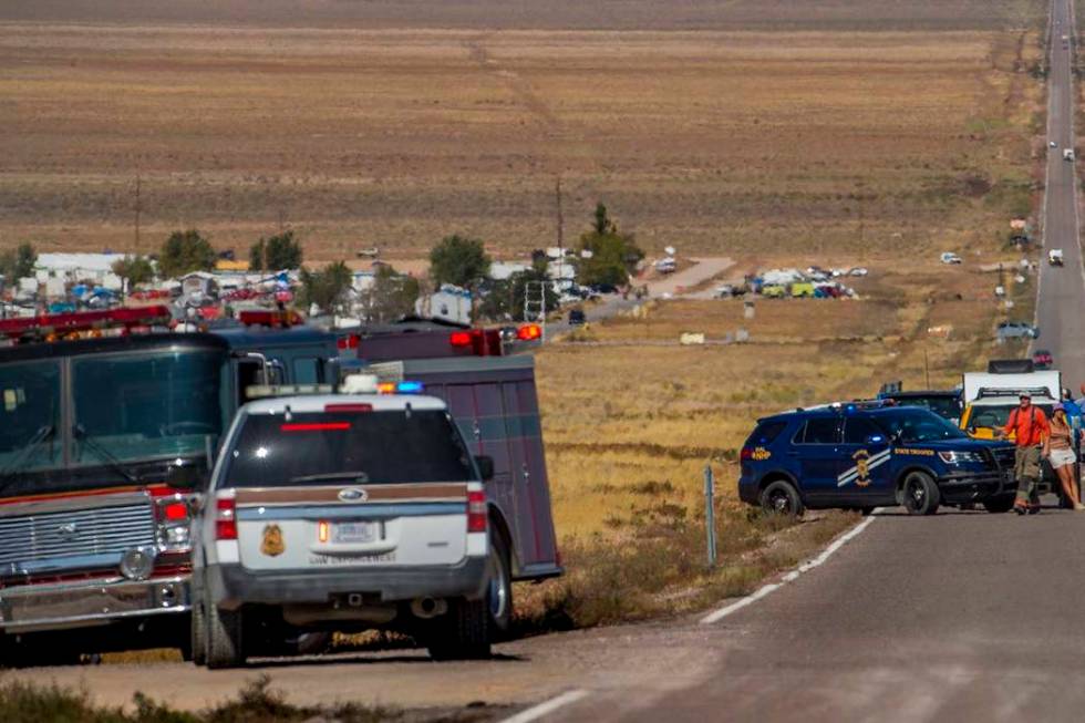 Emergency and medical personnel block off the Extraterrestrial Highway/State Route 375 for a po ...