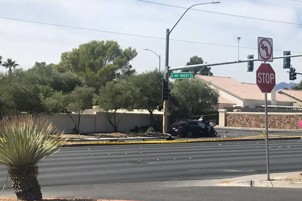 Police investigate a fatal crash Sunday, Sept. 22, 2019, near West Cheyenne Avenue and North So ...