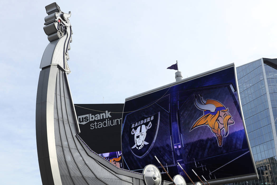 An outside view of U.S. Bank Stadium prior to the start of an NFL game between the Minnesota Vi ...
