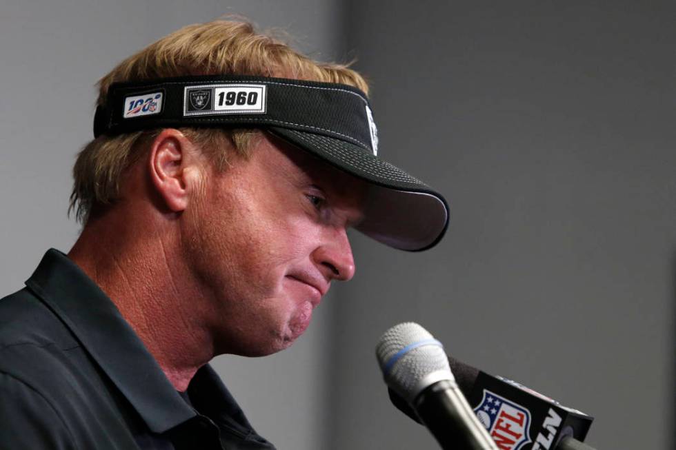 Oakland Raiders head coach Jon Gruden speaks during a news conference after an NFL football gam ...