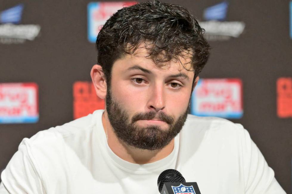 Cleveland Browns quarterback Baker Mayfield speaks during a news conference after an NFL footba ...