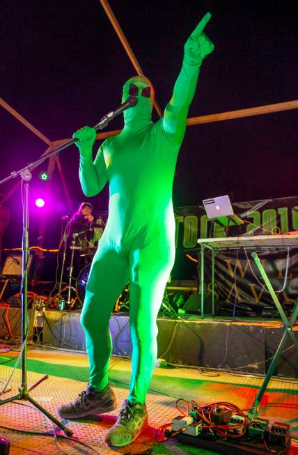 The Alien Comedian does a comedy routine for festivalgoers at the main stage between musical ac ...