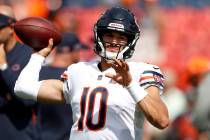 Chicago Bears quarterback Mitchell Trubisky (10) warms up prior to an NFL football game against ...