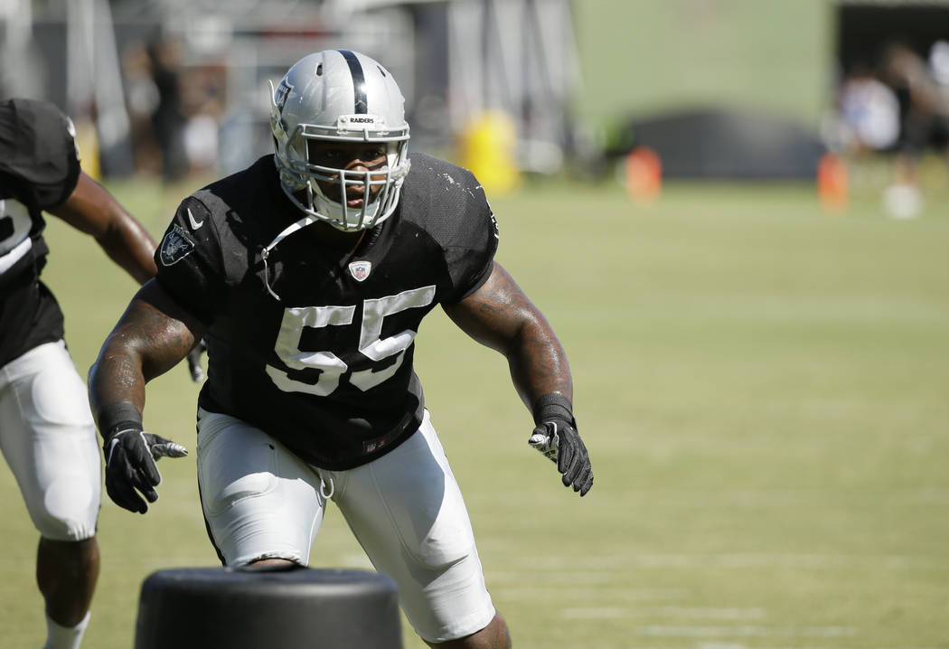 Oakland Raiders outside linebacker Vontaze Burfict (55) during NFL football training camp Thurs ...