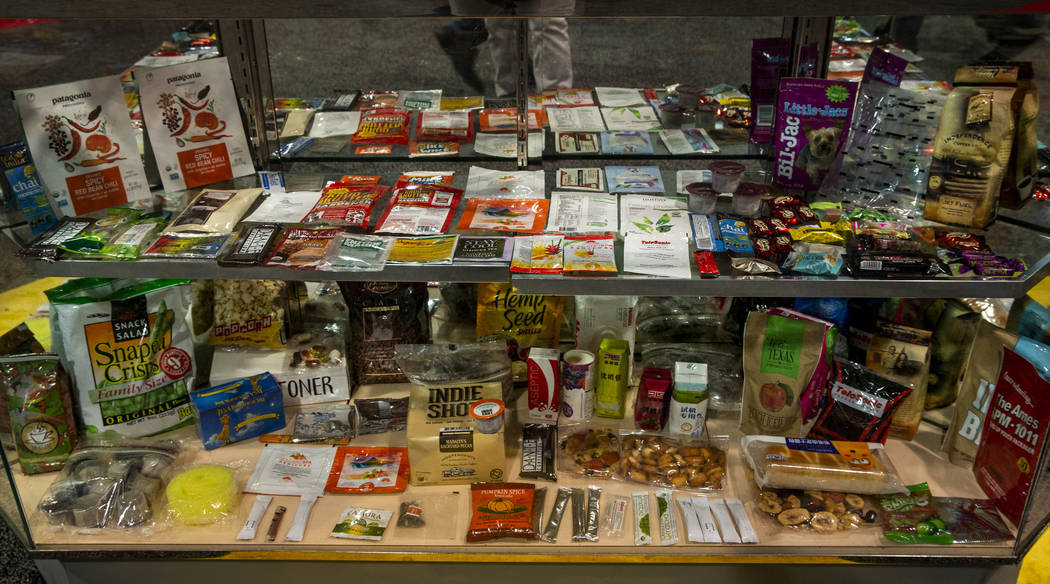 Some of the many packaged goods created by the machines on display at PACK EXPO on Monday, Sept ...