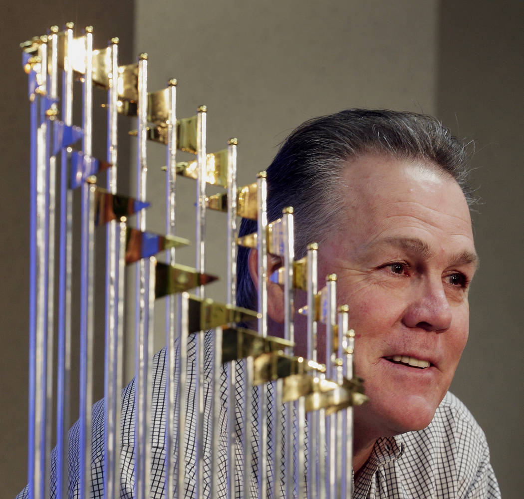 Kansas City Royals manager Ned Yost speaks to members of the media alongside the Royals' World ...