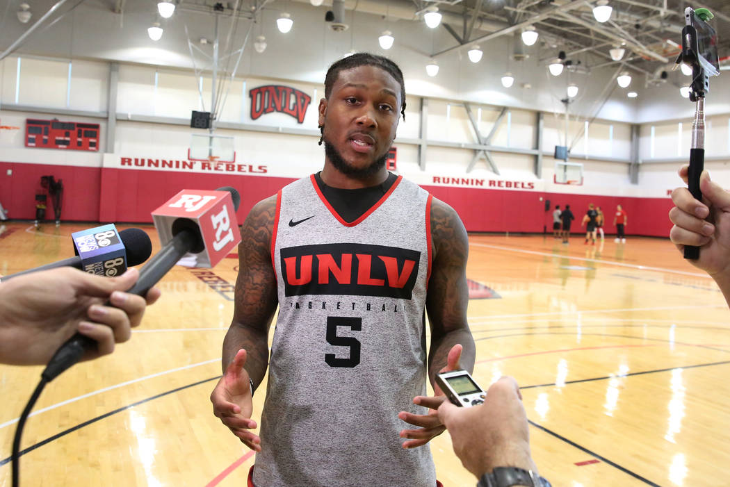 UNLV Rebels guard David Jenkins Jr. talks to the media after team's first basketball practice o ...