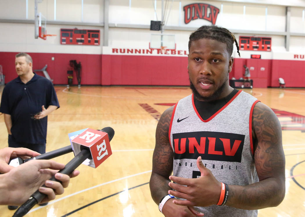 UNLV Rebels guard David Jenkins Jr. talks to the media after team's first basketball practice o ...