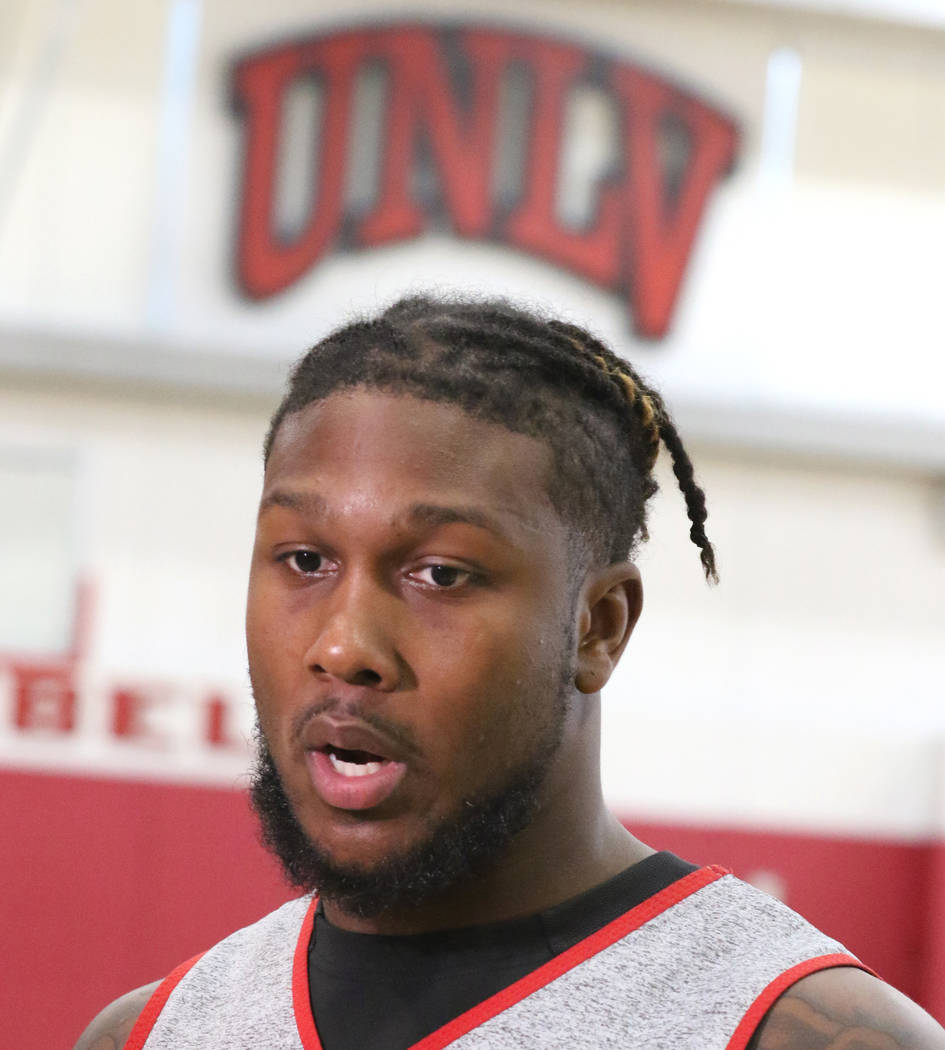 UNLV Rebels guard David Jenkins Jr. talks to the media after team's first basketball practice o ...