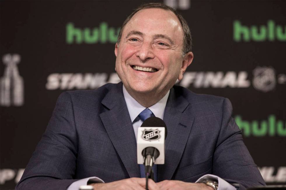 NHL Commissioner Gary Bettman answers questions during a press conference before Game 1 of the ...