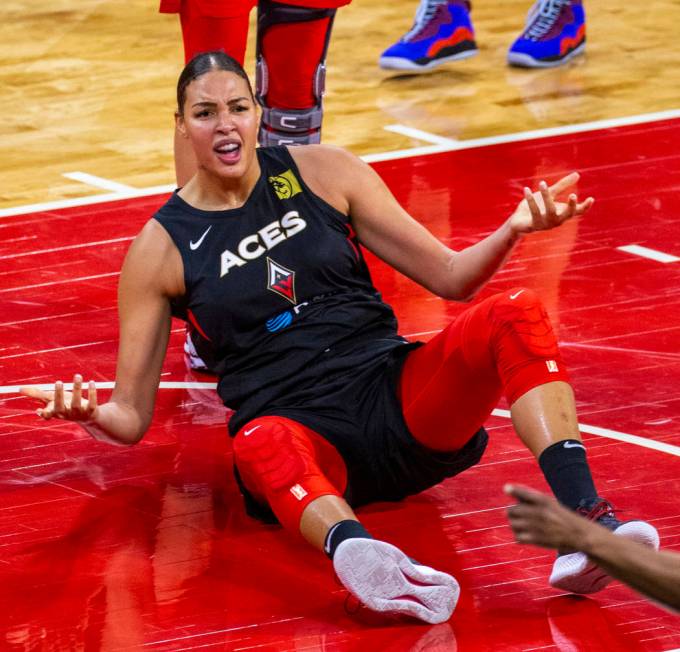 Las Vegas Aces center Liz Cambage (8) is frustrated by the lack of a foul call late versus the ...