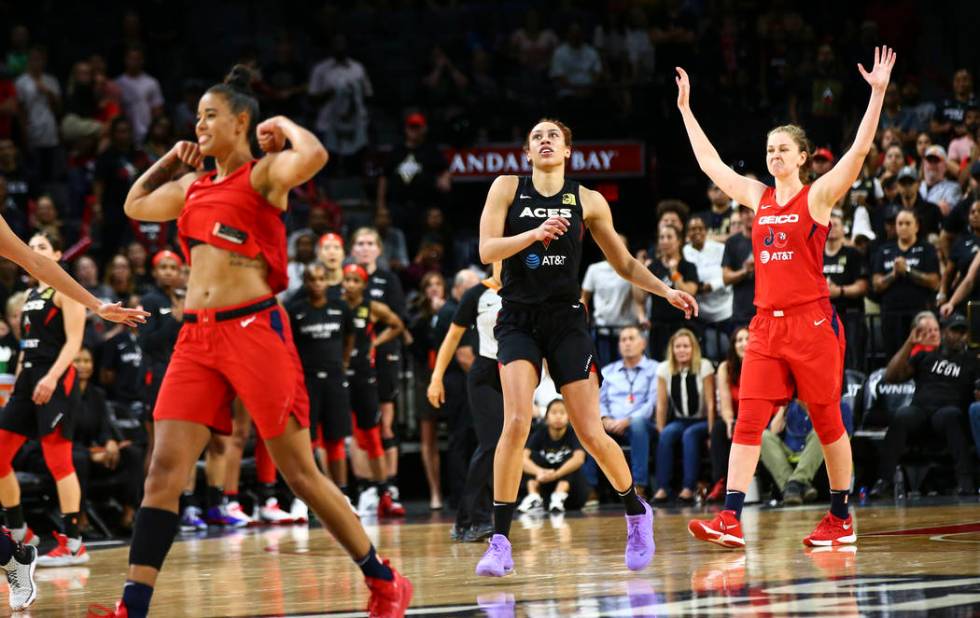 Las Vegas Aces' Dearica Hamby watches her shot miss the mark in the final seconds of the fourth ...