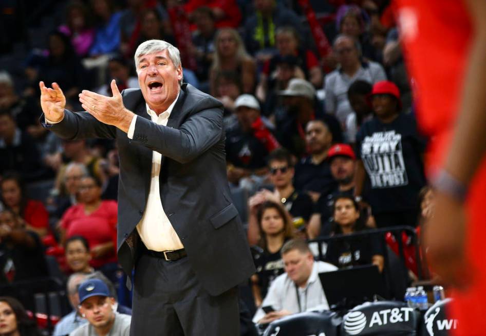 Las Vegas Aces coach Bill Laimbeer motions to his team during the first quarter of a WNBA semif ...