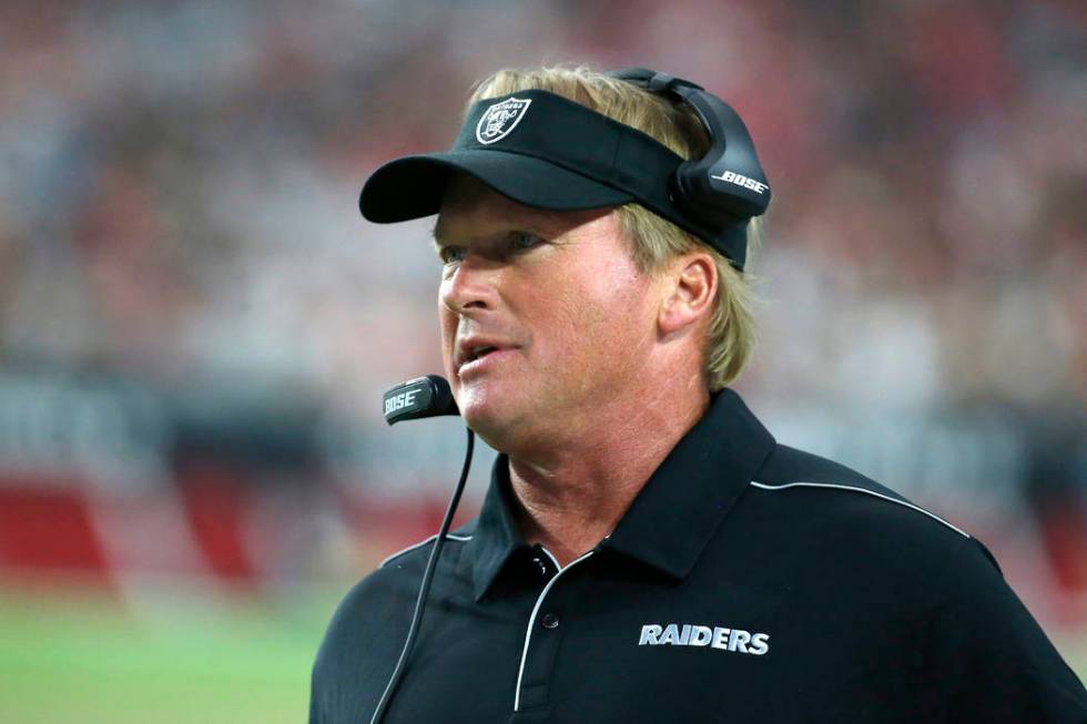 Oakland Raiders head coach Jon Gruden during an an NFL preseason football game against the Ariz ...