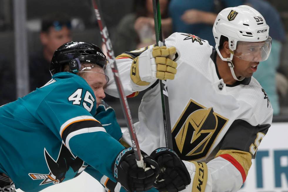 Vegas Golden Knights right wing Keegan Kolesar (55) skates in front of San Jose Sharks' Lean Be ...