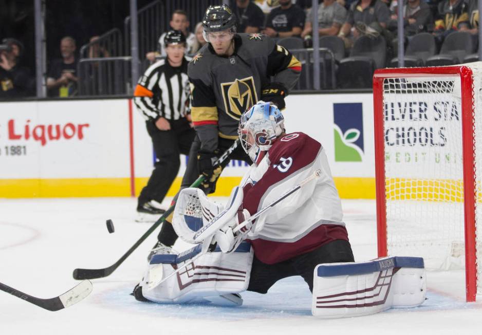 Vegas Golden Knights left wing Valentin Zykov (7) shoots on Colorado Avalanche goaltender Pavel ...