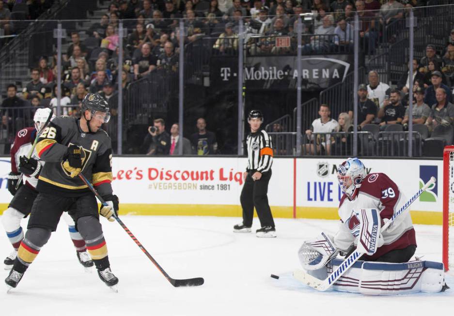 Vegas Golden Knights center Paul Stastny (26) shoots on Colorado Avalanche goaltender Pavel Fra ...