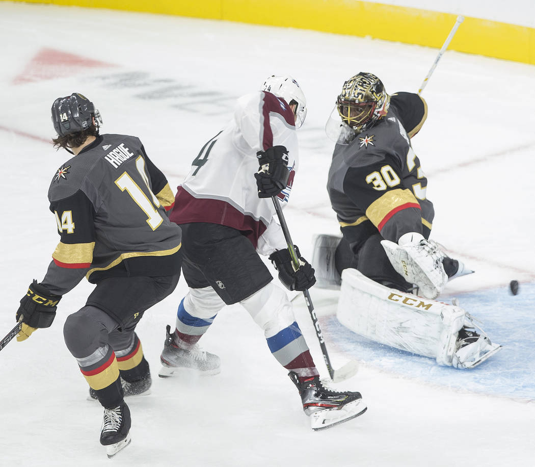 Vegas Golden Knights goaltender Malcolm Subban (30) makes a save against Colorado Avalanche lef ...