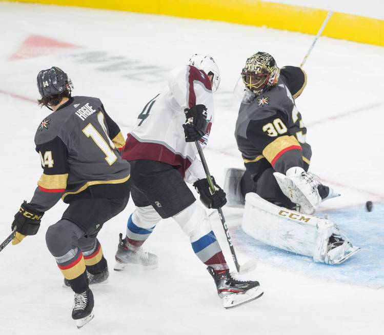 Vegas Golden Knights goaltender Malcolm Subban (30) makes a save against Colorado Avalanche lef ...