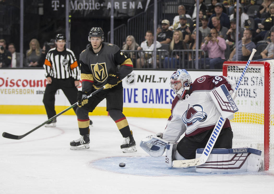 Colorado Avalanche goaltender Pavel Francouz (39) makes a save against Vegas Golden Knights lef ...