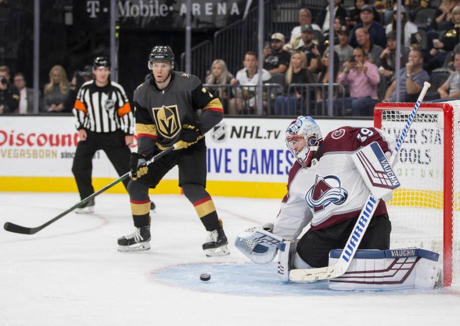 Colorado Avalanche goaltender Pavel Francouz (39) makes a save against Vegas Golden Knights lef ...